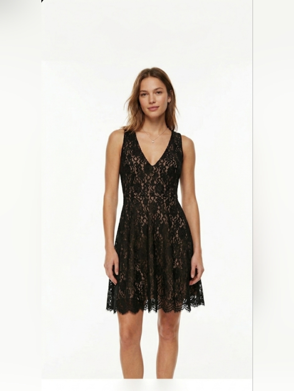 BCBGMAXAZRIA Woman Sleeveless Black Lace Dress With Beige Bottom.    Size S